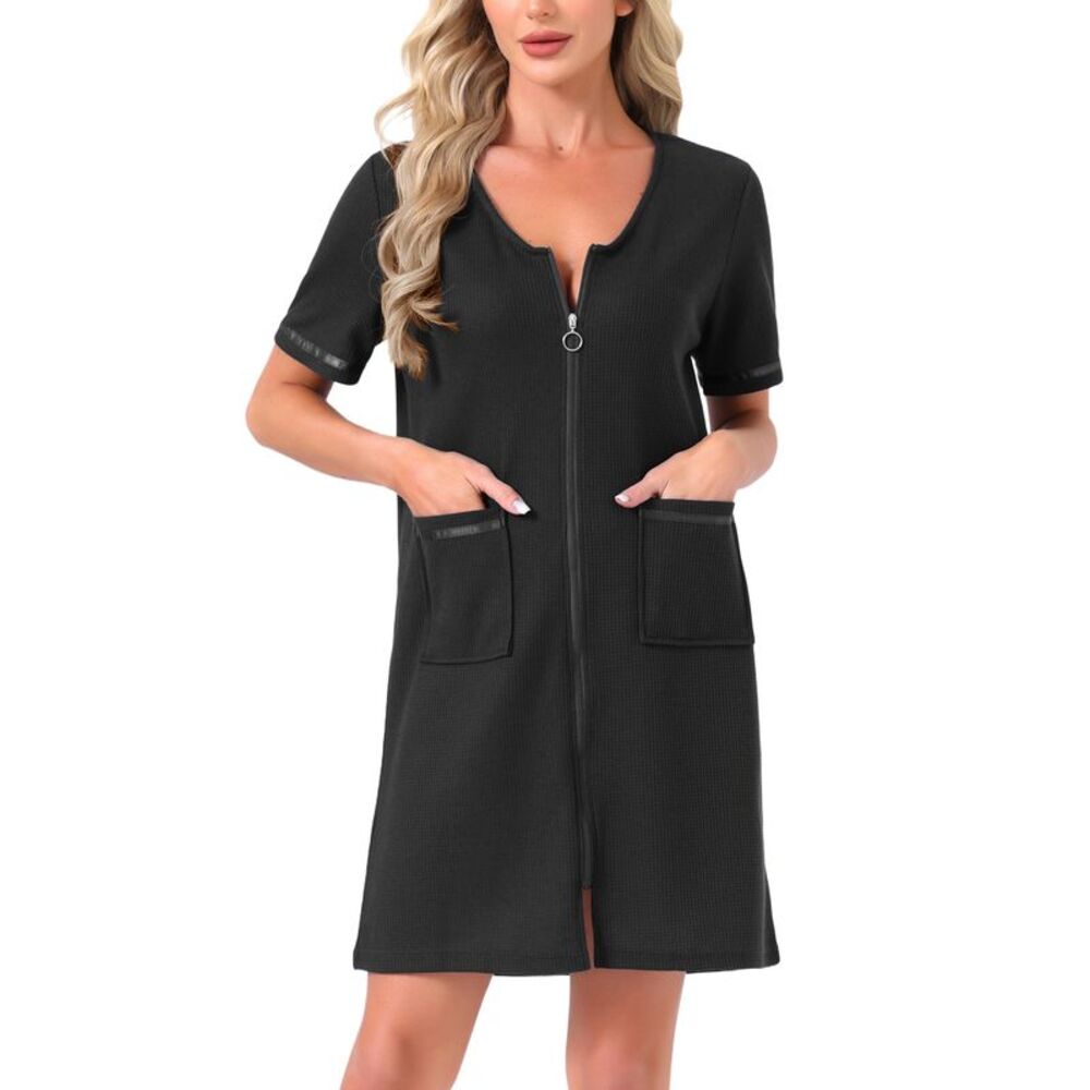 Women Zipper Robes Zip Up Hosecoat with Pockets Black